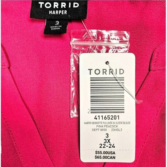 3XTORRID Plus Size Harper Georgette Pink Peacock Pullover 3/4 Sleeve Blouse - Picture 14 of 16